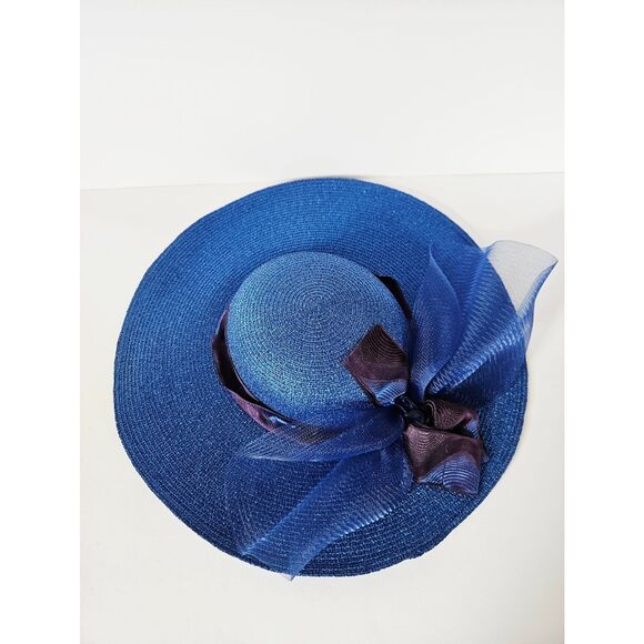 Vintage Georgi Sapphire Blue Straw Raffia Wide Brim Bow Accent Boater Derby Hat main image 6